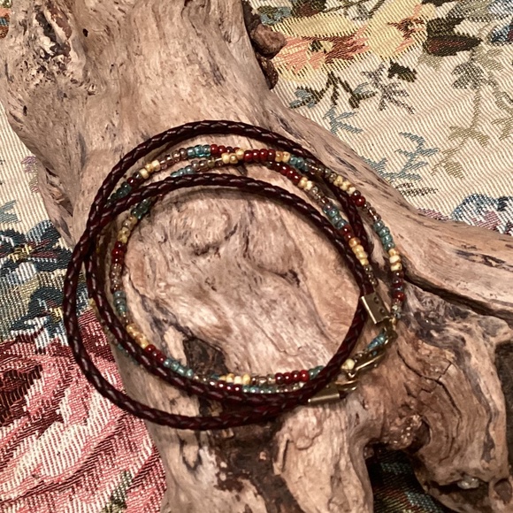 Boho Brown Braided Leather Beaded Wrap Bracelet w/ Brass Clasp - Picture 2 of 6